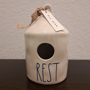 Rae Dunn Cream Ceramic Birdhouse with Blue 'REST'